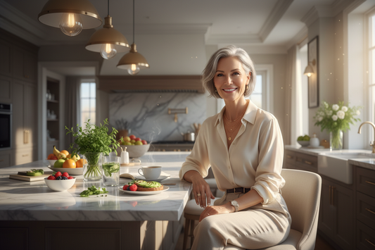 Radiant elegant woman in her 50s at a sunlit luxury kitchen island enjoying a meal with deep contentment after restoring metabolic health and reducing diabetes risk