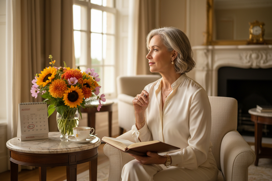 Elegant woman in her 50s sitting peacefully in a luxurious sunlit home journaling and quietly reflecting, radiant and composed, silk blouse, tasteful jewelry, fresh flowers, and soft warm late summer light