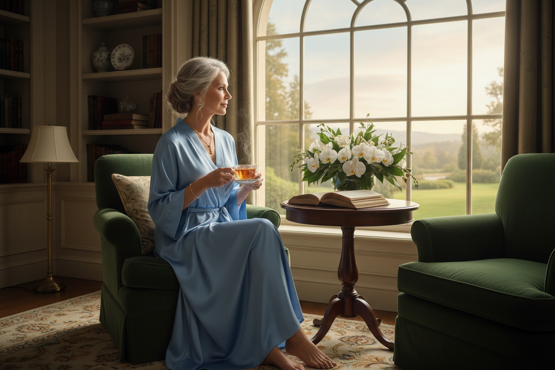 Elegant woman in her 50s sitting quietly in a luxurious sunlit reading nook gazing thoughtfully out a large window with a cup of tea, serene and reflective with soft natural light and fresh flowers