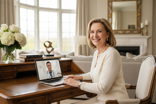 Elegant woman in her 50s smiling with trust and relief at her laptop during a remote doctor consultation in a luxurious home setting, receiving expert guidance for safe heavy metal clearance during her homeopathic weight loss program
