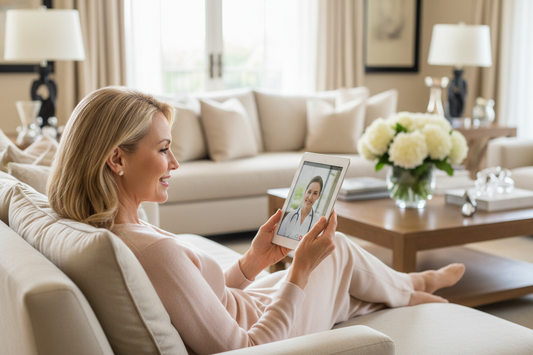 Elegant woman in her 50s reclining on a luxurious home sofa with a warm reassured smile after a remote doctor check-in, her metabolism and organs optimally supported through expert remote guidance on a doctor-supervised homeopathic weight loss program