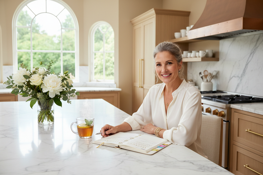 Elegant woman over 45 planning her wellness routine at a luxurious kitchen island while managing a back-to-school schedule from home