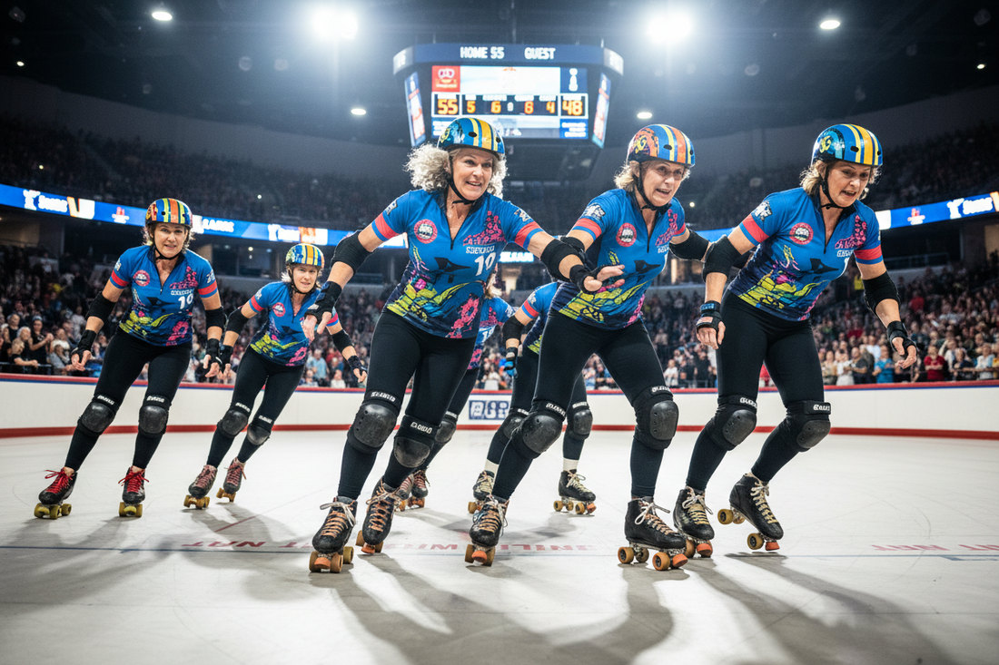 Confident athletic women skating powerfully at a roller derby bout, energetic and fierce, empowering and exciting