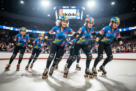 Confident athletic women skating powerfully at a roller derby bout, energetic and fierce, empowering and exciting