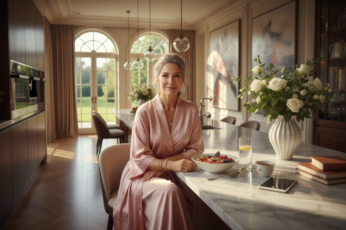 Elegant woman in her 50s following a calm morning routine at a luxurious kitchen counter with a healthy breakfast and soft golden morning light