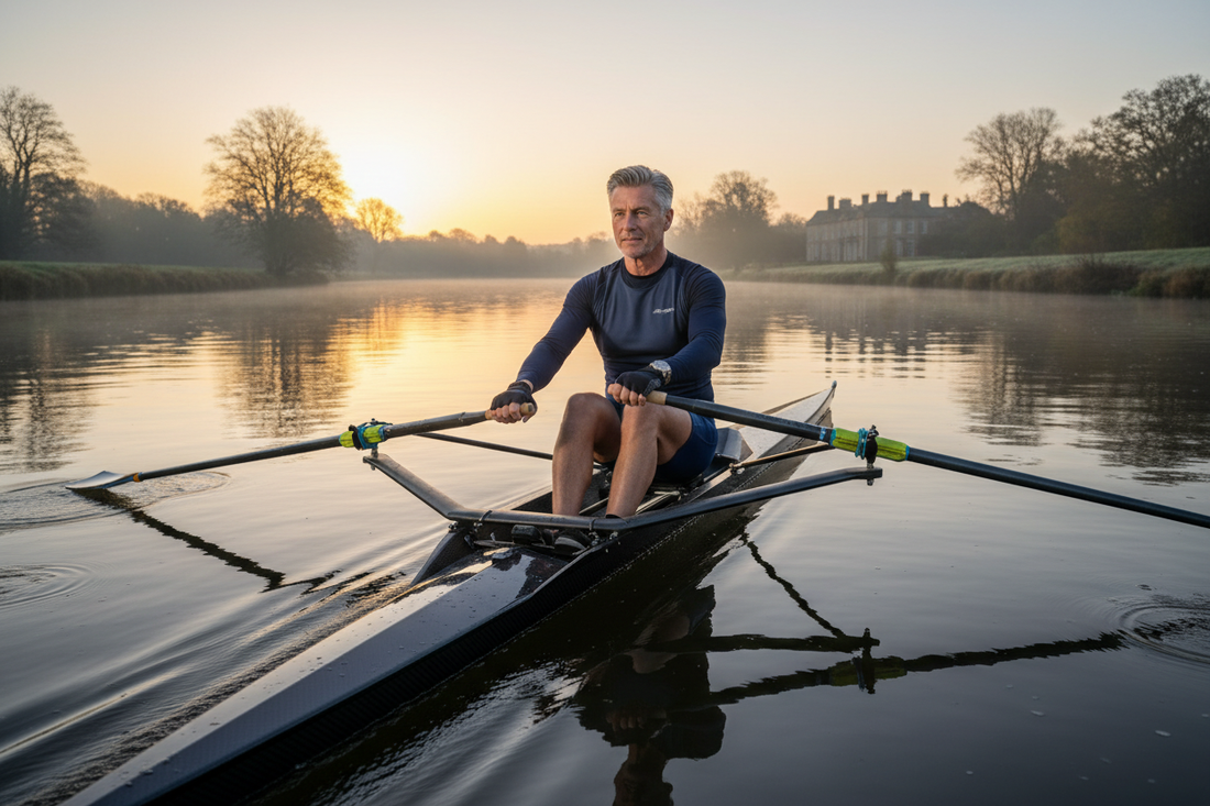 Elegant sophisticated man rowing a sleek single scull on a beautiful calm river at sunrise, wearing premium athletic gear, looking slim, healthy, strong and confident, rowing sport and weight loss