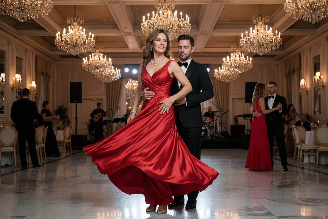 Elegant woman in red silk dress dancing salsa in a luxurious ballroom, representing how salsa dancing supports weight loss with Dr. Donna Restivo's program