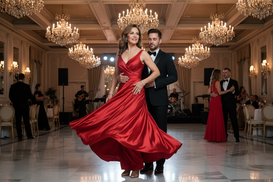 Elegant woman in red silk dress dancing salsa in a luxurious ballroom, representing how salsa dancing supports weight loss with Dr. Donna Restivo's program