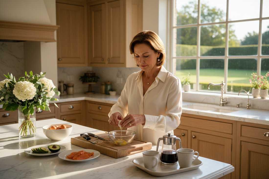 Elegant woman in her 50s preparing a healthy breakfast in a luxurious upscale kitchen with soft golden morning light and fresh flowers