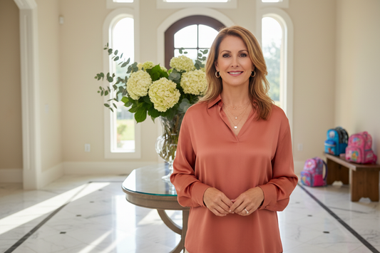 Elegant woman in her 50s standing serenely in a luxurious sunlit entryway, warm confident smile, silk blouse in soft terracotta, tasteful gold jewelry, fresh flowers, warm late-summer morning light, calm and grounded amid transition