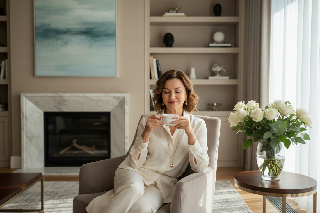 Serene elegant woman in her 50s relaxing in a luxurious living room with herbal tea, representing appetite awareness and mindful weight loss for midlife women