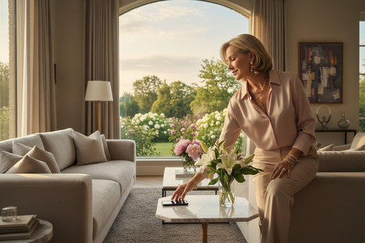 Elegant woman in her 50s setting aside her phone in a luxurious sunlit living room, peaceful and present