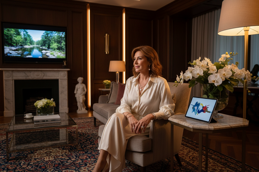 Elegant woman in her 50s sitting in a luxurious living room in the evening watching a large flat screen television, tablet on the side table, soft warm lighting, silk blouse, tasteful jewelry, and high-end interior with fresh flowers and marble accents