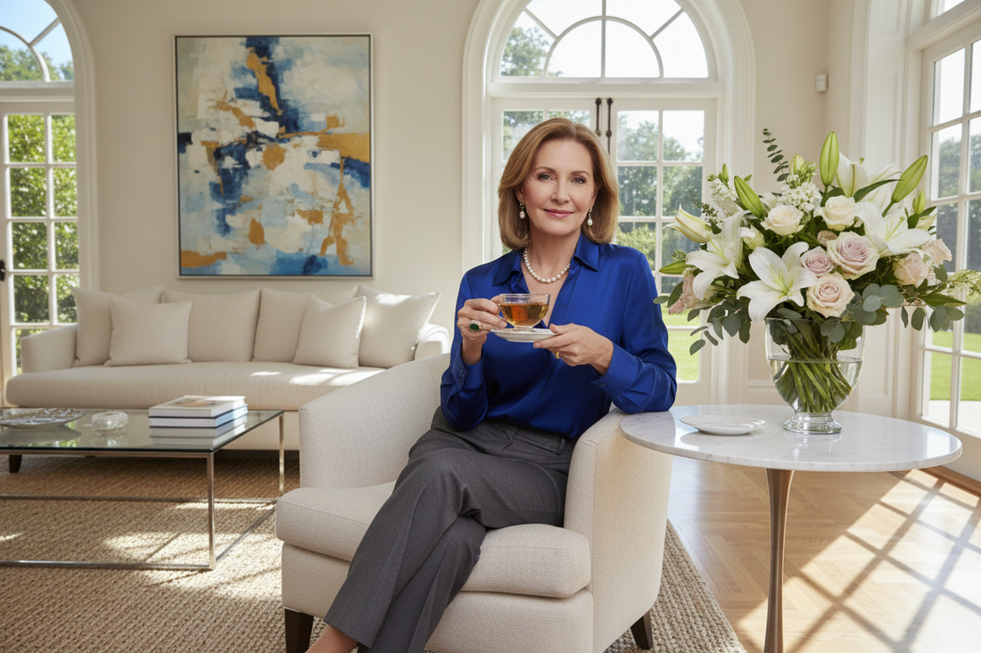 Elegant midlife woman staying calm and healthy at home during allergy season while following her doctor-supervised weight loss program