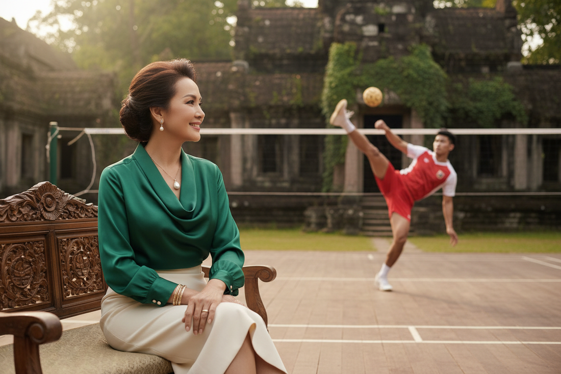 Elegant woman watching a spectacular high kick in Sepak Takraw on a beautiful outdoor court, radiant and confident"