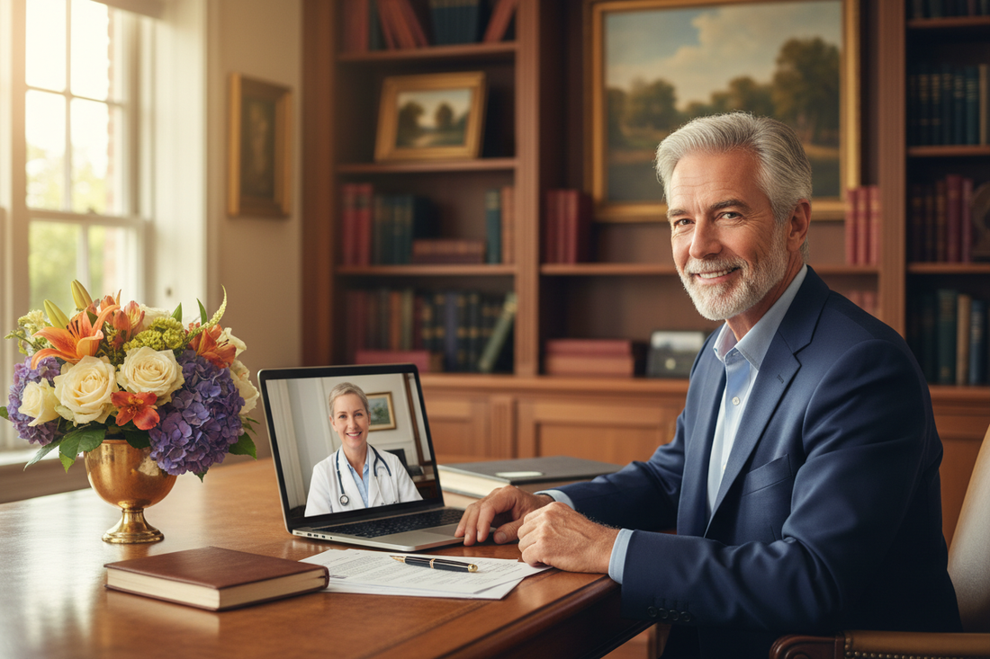 Distinguished man in his 60s in a navy blazer smiling warmly at a female doctor on a video call on his laptop at a warm honey wood home office desk with fresh flowers