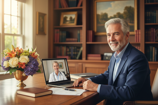 Distinguished man in his 60s in a navy blazer smiling warmly at a female doctor on a video call on his laptop at a warm honey wood home office desk with fresh flowers