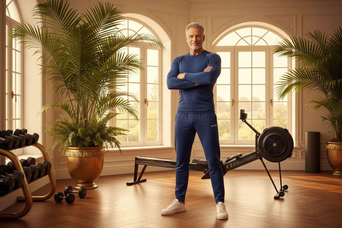 Distinguished fit man in his 60s in high-end navy athletic wear standing confidently with arms crossed in a luxurious sunlit home gym with warm honey wood floors and fresh greenery