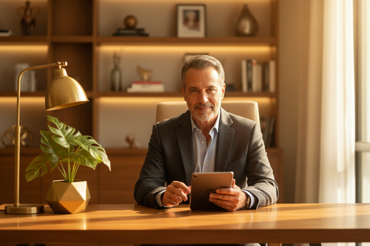  Distinguished man in his 60s in a charcoal blazer reviewing documents on a tablet with a relaxed confident expression at a warm honey wood home office desk with gold lamp and fresh greenery