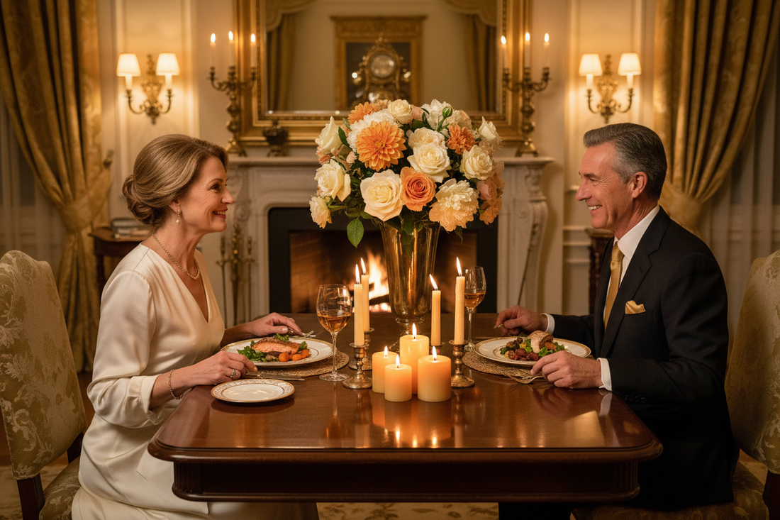Vibrant healthy couple in their 50s and 60s sharing an elegant wholesome meal at a beautifully set dining table with amber candlelight, fresh flowers, and fine china in a warm luxurious home