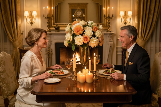 Vibrant healthy couple in their 50s and 60s sharing an elegant wholesome meal at a beautifully set dining table with amber candlelight, fresh flowers, and fine china in a warm luxurious home