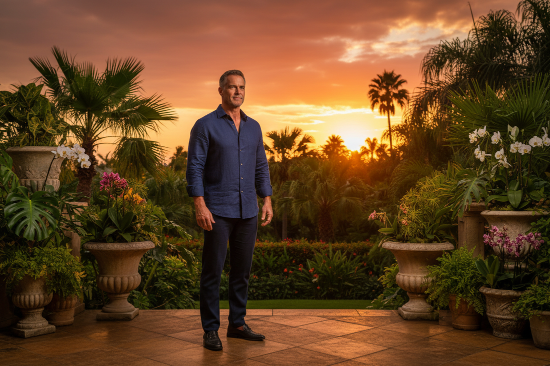 Distinguished man in his 60s in a navy linen shirt standing confidently on a luxurious warm stone terrace at golden hour overlooking a lush garden with radiant healthy glow
