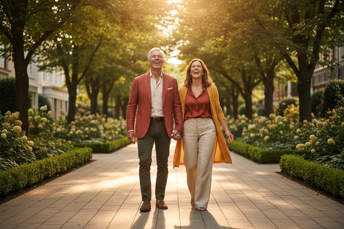 Vibrant healthy man in his 60s and woman in her 50s laughing and walking energetically side by side on a sunlit tree-lined path in an upscale neighborhood at golden hour