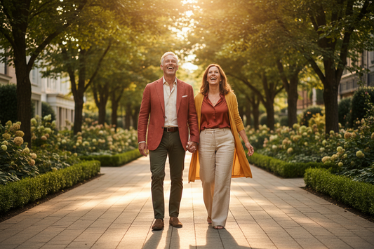 Vibrant healthy man in his 60s and woman in her 50s laughing and walking energetically side by side on a sunlit tree-lined path in an upscale neighborhood at golden hour