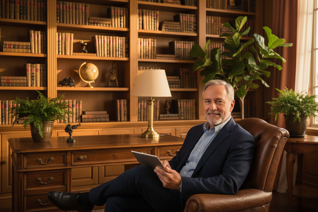Distinguished man in his 60s in a navy blazer reviewing results on a tablet with a satisfied confident smile in a luxurious warm honey wood home study with gold lamp and fresh greenery