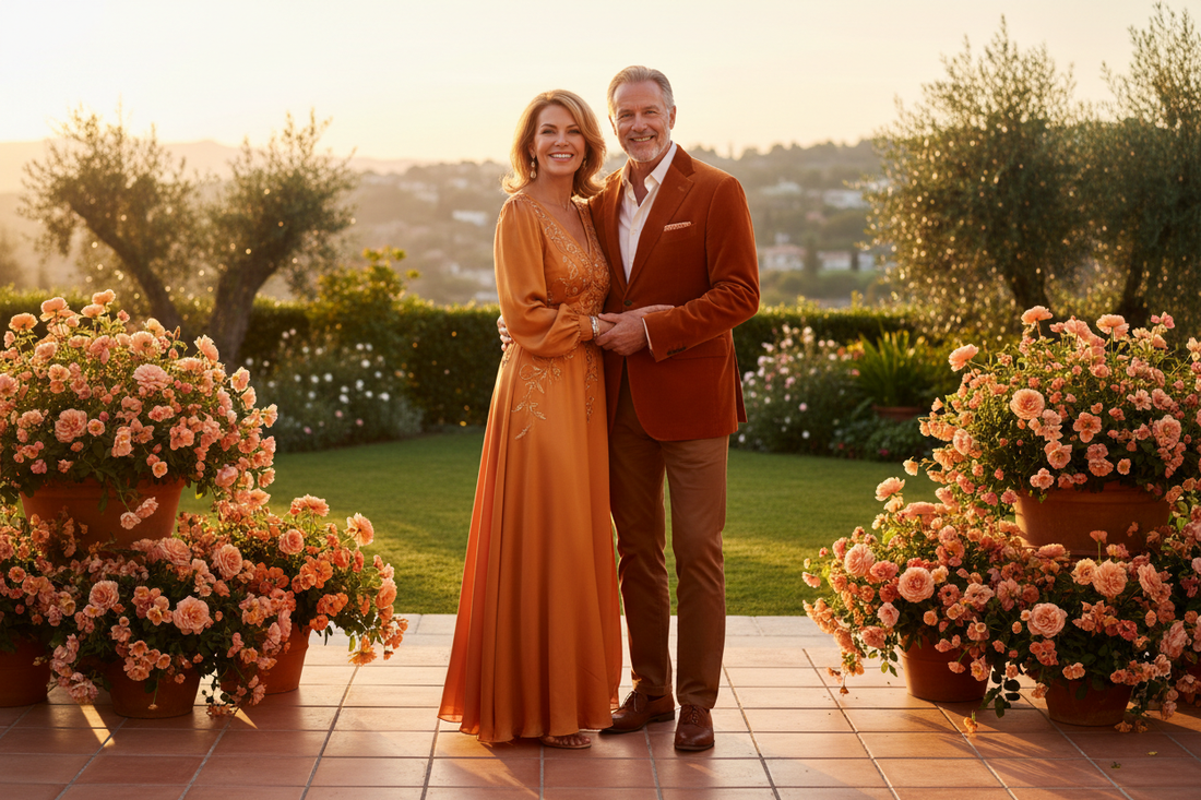 Radiant healthy woman in her 50s and man in his 60s standing together with warm confident smiles on a luxurious home terrace at golden hour with lush garden views and fresh flowers
