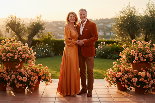 Radiant healthy woman in her 50s and man in his 60s standing together with warm confident smiles on a luxurious home terrace at golden hour with lush garden views and fresh flowers