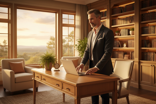 Distinguished man in his 50s in a charcoal blazer standing confidently at a sleek upscale standing desk reviewing a laptop in a warm honey wood home office with fresh greenery
