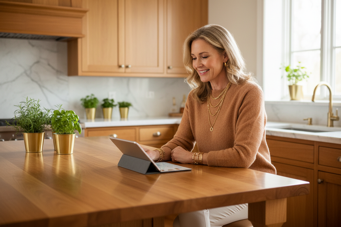  Elegant woman in her 50s in a caramel cashmere sweater reviewing a meal plan on a tablet with a relaxed confident smile at a warm marble kitchen island with fresh herbs and soft natural light