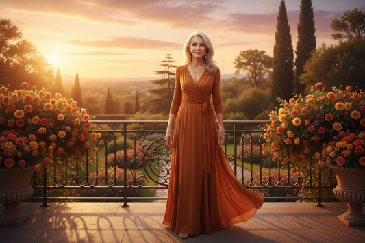  Elegant woman in her 60s in a flowing amber wrap dress standing tall and radiant on a luxurious home terrace at golden hour with lush garden views and fresh flowers, slim and vital