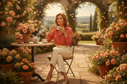 Elegant woman in her 50s in a flowing coral silk blouse sipping herbal tea on a warm stone garden terrace surrounded by lush greenery and fresh flowers