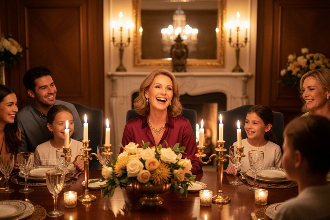 Elegant woman in her 50s in a rich burgundy silk blouse laughing warmly with family at a beautifully set dining table with amber candlelight and fine china