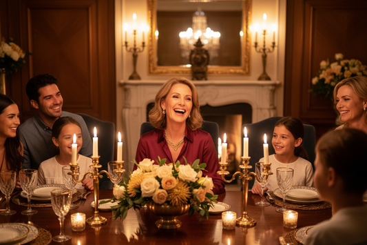 Elegant woman in her 50s in a rich burgundy silk blouse laughing warmly with family at a beautifully set dining table with amber candlelight and fine china