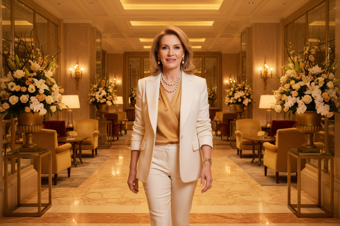 Elegant woman in her 50s in a tailored cream blazer and gold silk blouse walking confidently through a grand upscale marble hallway with warm lighting and fresh florals