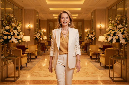 Elegant woman in her 50s in a tailored cream blazer and gold silk blouse walking confidently through a grand upscale marble hallway with warm lighting and fresh florals
