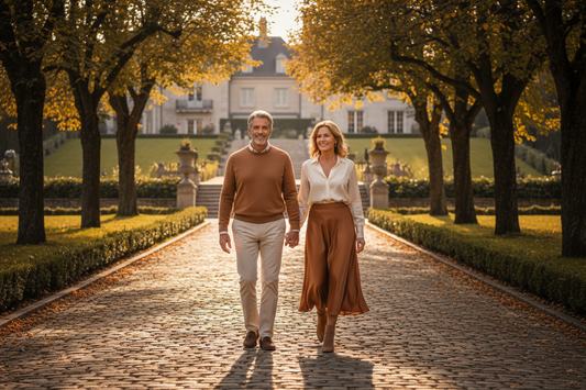 Vibrant healthy man in his 60s and woman in her 50s walking together on a sunlit tree-lined path in an upscale neighborhood wearing warm caramel and cream casual clothing