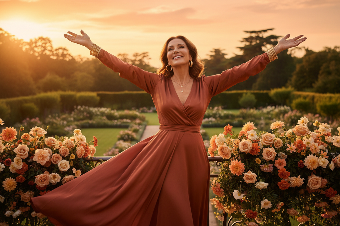 Elegant woman in her 50s in a flowing terracotta silk dress standing on a luxurious home balcony at golden hour with arms open wide in a joyful triumphant pose