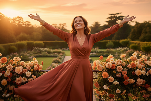 Elegant woman in her 50s in a flowing terracotta silk dress standing on a luxurious home balcony at golden hour with arms open wide in a joyful triumphant pose