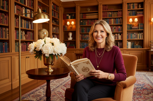 Elegant woman in her 50s in a rich burgundy cashmere sweater reading in a luxurious warm honey wood home library with fresh white peonies and a plush caramel velvet armchair