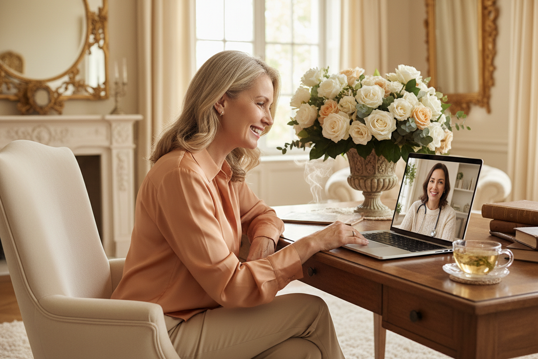 Elegant woman in her 50s in a warm peach silk blouse smiling during a positive video call with her doctor on a sleek laptop in a warm cream and gold home office