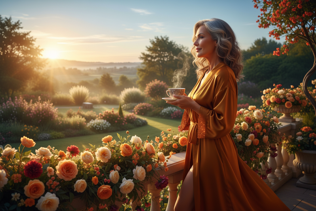 : Elegant woman in her 50s in a flowing amber gold silk robe holding a warm cup of tea on a luxurious home terrace at sunrise overlooking a lush garden with radiant healthy glow
