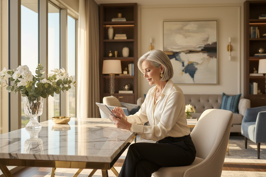  Elegant woman in her 50s looking sharp and focused at a luxurious marble desk in a beautiful sunlit home office