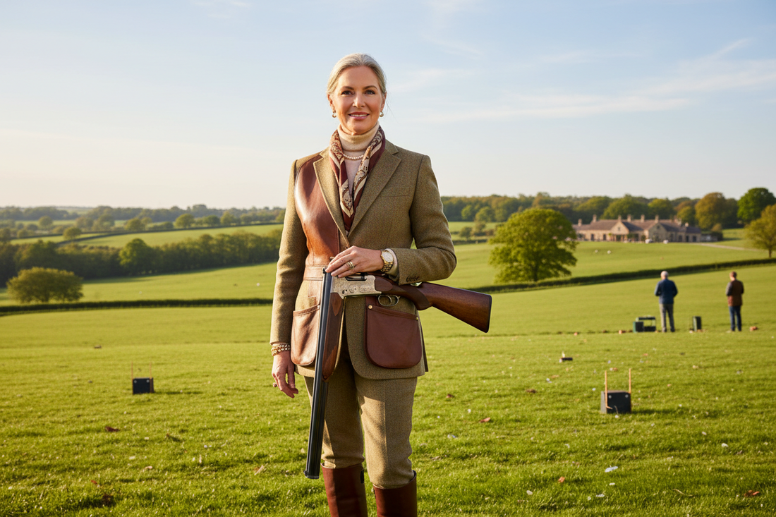 Elegant woman standing confidently at a skeet shooting range in a lush countryside setting, radiating health and vitality - Restivo Health and Wellness