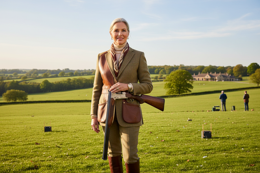 Elegant woman standing confidently at a skeet shooting range in a lush countryside setting, radiating health and vitality - Restivo Health and Wellness