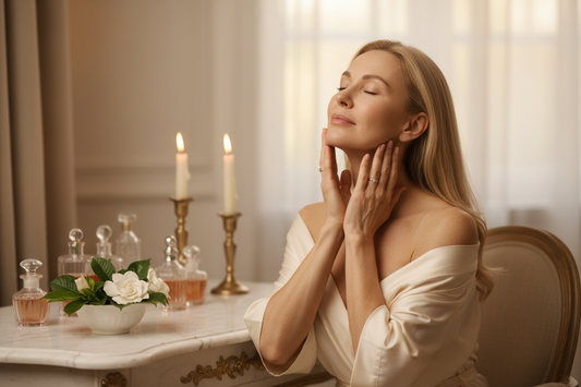 Elegant woman in her 50s gently touching her firm, luminous skin at a luxurious marble vanity, experiencing remarkable skin tightening benefits through a doctor-supervised homeopathic weight loss program that standard diets cannot match