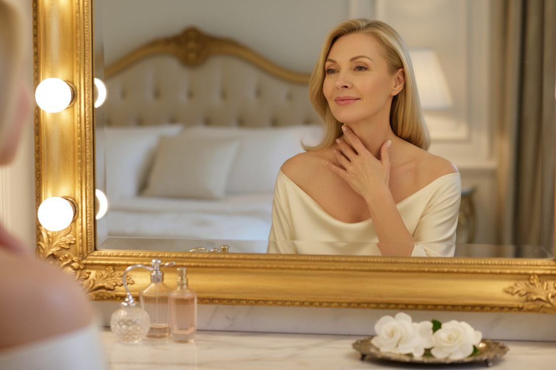 Elegant woman in her 50s touching her firm luminous décolletage with quiet amazement at a luxurious home vanity, experiencing the remarkable skin tightening edge of a doctor-supervised homeopathic weight loss program done entirely from home